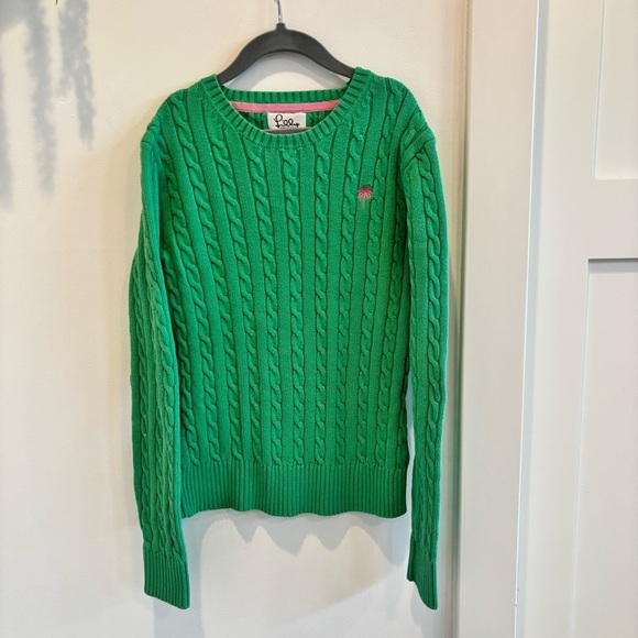 Lilly Pulitzer Sweaters - Lily Pulitzer Cable-Knit Crewneck Kelly Green Sweater Pink Logo Women's Size XS